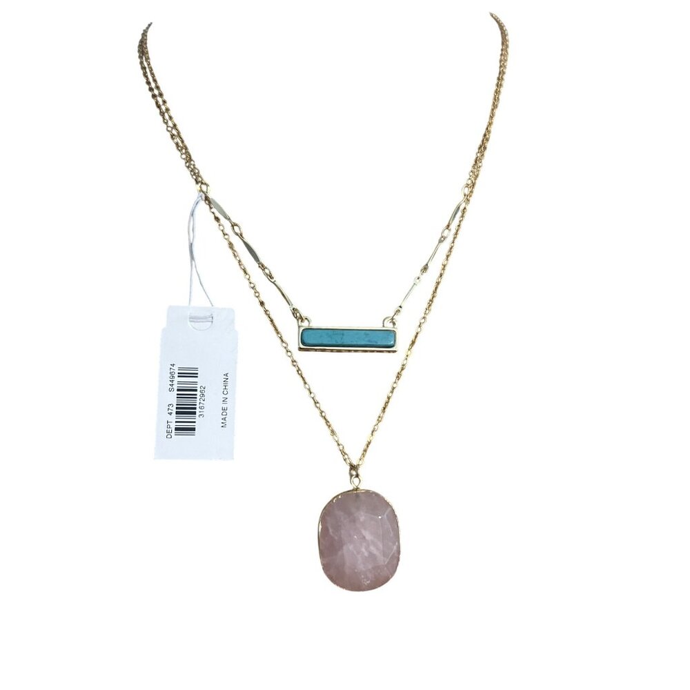 Loft Outlet Gold Tone Layer Necklace Pink Stone Pendant Faux Turquoise Bar NWT
